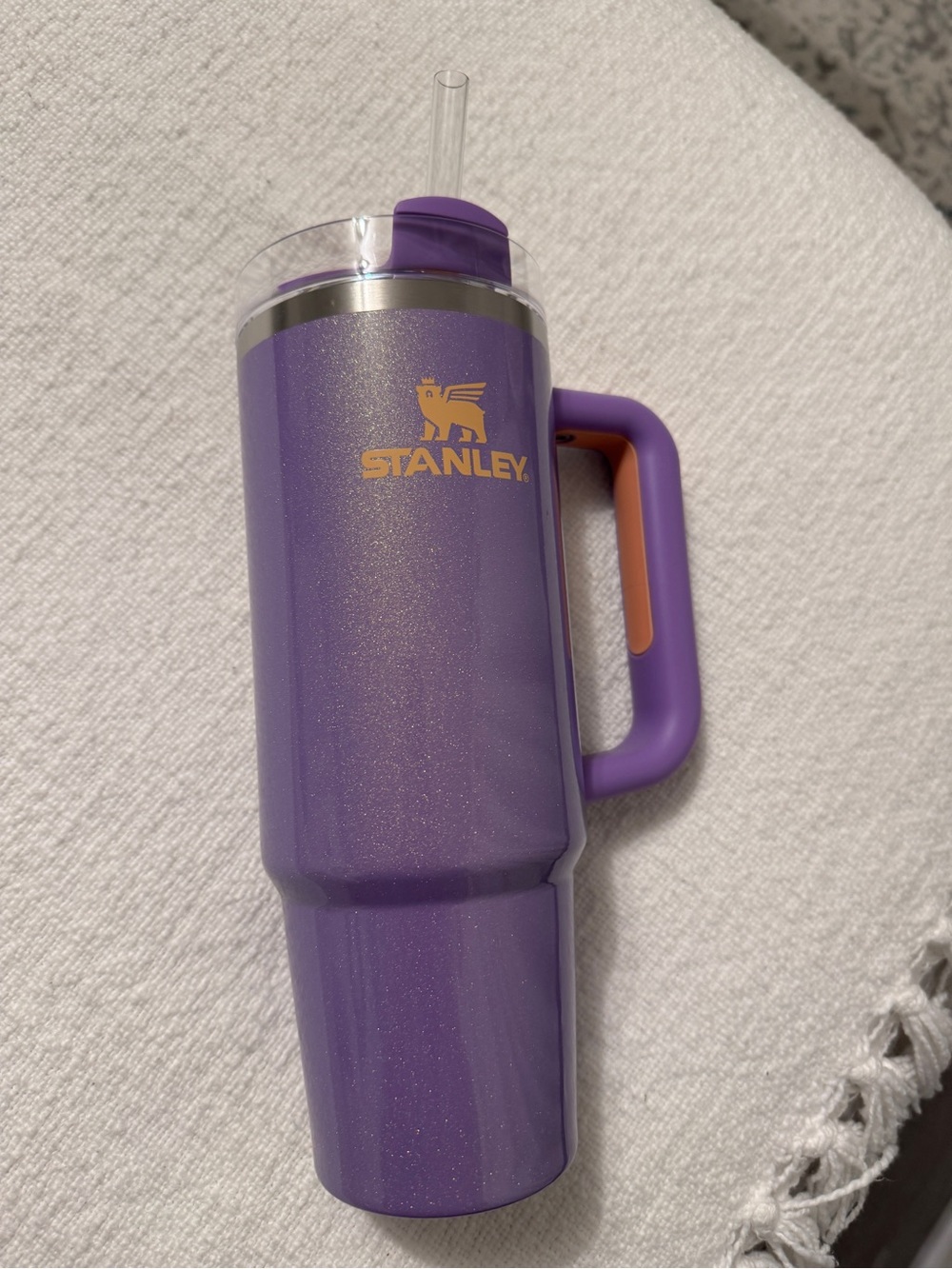 Stanley Purple Glitter Travel Mug with Gold Logo and Purple Handle